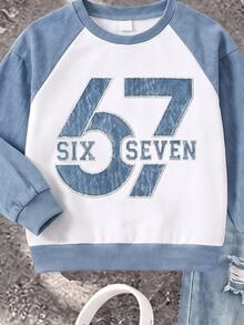 2件組 男童酷風 SIX SEVEN 字母印花拼色落肩袖圓領運動衫與破洞收口長褲套裝，街頭風，適合春秋 - 彩色 - 查看 6