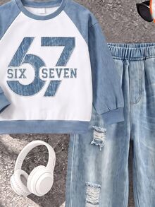 2件組 男童酷風 SIX SEVEN 字母印花拼色落肩袖圓領運動衫與破洞收口長褲套裝，街頭風，適合春秋 - 彩色 - 查看 4