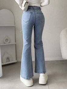 FRIFUL Contrast Lace Tie Front Flare Leg Jeans Fall - Black - View 9