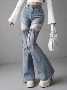FRIFUL Contrast Lace Tie Front Flare Leg Jeans Fall - Black - View 3