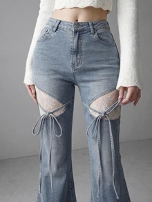 FRIFUL Contrast Lace Tie Front Flare Leg Jeans Fall - Black - View 5