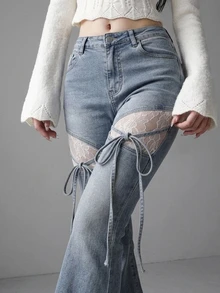 FRIFUL Contrast Lace Tie Front Flare Leg Jeans Fall - Black - View 6