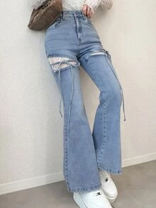 FRIFUL Contrast Lace Tie Front Flare Leg Jeans Fall - Black - View 13