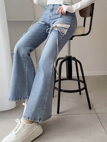 FRIFUL Contrast Lace Tie Front Flare Leg Jeans Fall - Black - View 10