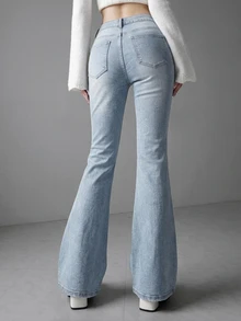 FRIFUL Contrast Lace Tie Front Flare Leg Jeans Fall - Black - View 2