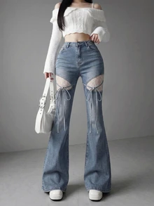 FRIFUL Contrast Lace Tie Front Flare Leg Jeans Fall - Black - View 7
