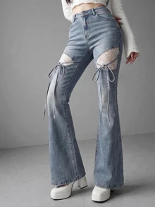 FRIFUL Contrast Lace Tie Front Flare Leg Jeans Fall - Black - View 4