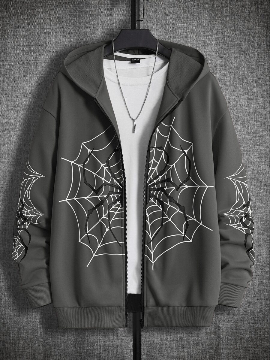 Mainfolk Men Oversized Spider Web Print Zip-Up Hoodie Without T-Shirt, For Fall, Winter, Long Sleeve, Vacation, Father's Day Gifts, Football, Spring, Y2K - Dark Grey - View 1