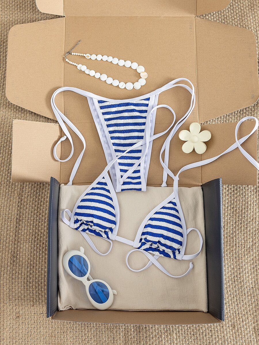 Swim Mod Women's Summer Vacation Beach Striped Micro Triangle Halter Bikini Set - Blue and White - View 1