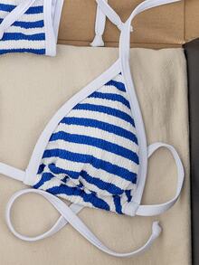 Swim Mod Women's Summer Vacation Beach Striped Micro Triangle Halter Bikini Set - Blue and White - View 4