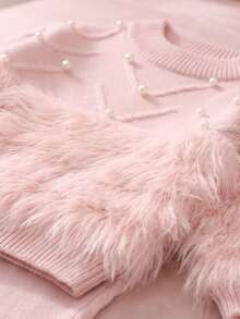 Souflis Young Girl Autumn/Winter Fashion Fuzzy Patchwork Beaded Decor Sweater & Flared Knit Pants Set Pullover - Pink - View 4