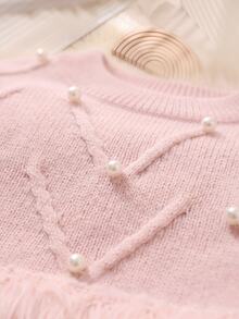 Souflis Young Girl Autumn/Winter Fashion Fuzzy Patchwork Beaded Decor Sweater & Flared Knit Pants Set Pullover - Pink - View 5