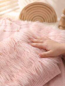 Souflis Young Girl Autumn/Winter Fashion Fuzzy Patchwork Beaded Decor Sweater & Flared Knit Pants Set Pullover - Pink - View 3