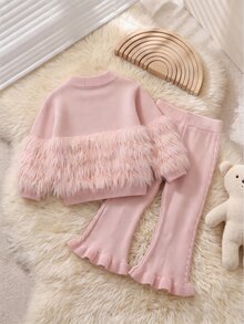 Souflis Young Girl Autumn/Winter Fashion Fuzzy Patchwork Beaded Decor Sweater & Flared Knit Pants Set Pullover - Pink - View 2