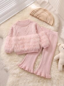 Souflis Young Girl Autumn/Winter Fashion Fuzzy Patchwork Beaded Decor Sweater & Flared Knit Pants Set Pullover - Pink - View 7