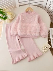 Souflis Young Girl Autumn/Winter Fashion Fuzzy Patchwork Beaded Decor Sweater & Flared Knit Pants Set Pullover - Pink - View 1