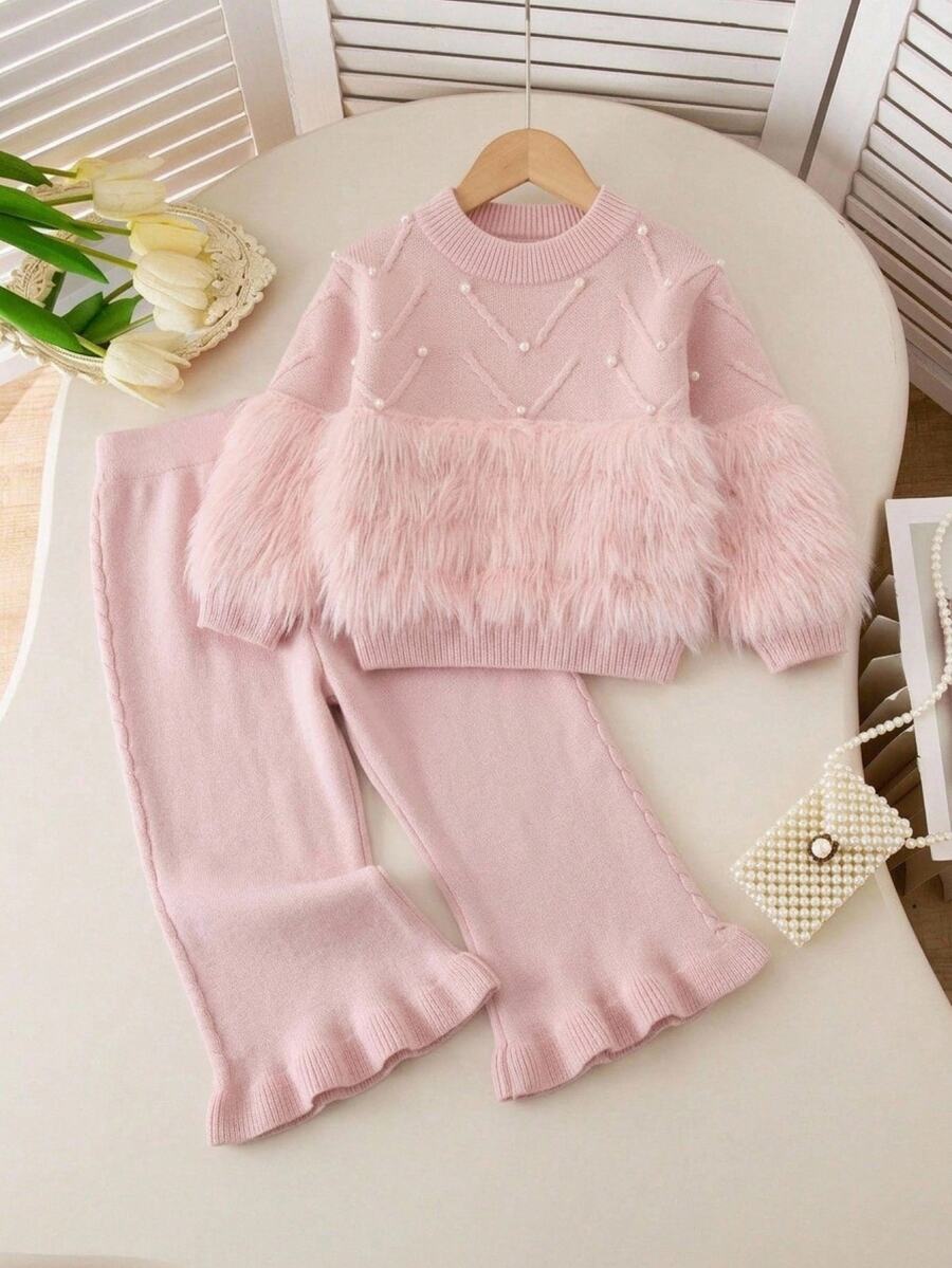 Souflis Young Girl Autumn/Winter Fashion Fuzzy Patchwork Beaded Decor Sweater & Flared Knit Pants Set Pullover - Pink - View 1