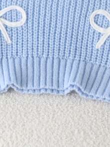 SHEIN Vintaside Kids 1件女童針織衫，百搭圓領長袖短版淺藍色對比白色3D蝴蝶結，清新甜美風，適中厚度，整齊下擺，貼身袖口，套頭穿著，柔軟親膚，可愛迷人，適合日常穿著、上學、出遊、旅行等場合，春秋季 - 藍色 - 查看 8