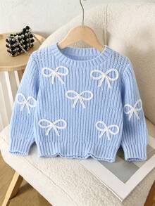 SHEIN Vintaside Kids 1件女童針織衫，百搭圓領長袖短版淺藍色對比白色3D蝴蝶結，清新甜美風，適中厚度，整齊下擺，貼身袖口，套頭穿著，柔軟親膚，可愛迷人，適合日常穿著、上學、出遊、旅行等場合，春秋季 - 藍色 - 查看 3