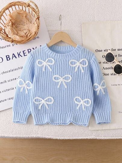 SHEIN Vintaside Kids 1 buah Sweater Anak Perempuan, Serbaguna, Leher Bulat, Lengan Panjang, Model Pendek, Biru Muda Kontras dengan Pita 3D Putih, Gaya Segar dan Manis, Ketebalan Sedang, Ujung Rapi, Manset Pas, Model Pullover, Lembut dan Ramah Kulit, Imut dan Menggemaskan, Cocok untuk Pakaian Sehari-hari, Sekolah, Jalan-jalan, Perjalanan dan Acara Lainnya, Musim Semi dan Musim Gugur
