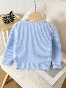 SHEIN Vintaside Kids 1件女童針織衫，百搭圓領長袖短版淺藍色對比白色3D蝴蝶結，清新甜美風，適中厚度，整齊下擺，貼身袖口，套頭穿著，柔軟親膚，可愛迷人，適合日常穿著、上學、出遊、旅行等場合，春秋季 - 藍色 - 查看 2