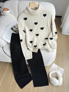 SHEIN 2件組青少年女孩毛衣套裝，高領對比色3D愛心提花圖案，下擺開衩長袖套頭毛衣搭配黑色直筒寬腿針織長褲，休閒運動風，常規厚度，下擺整齊，緊口袖口，柔軟親膚，亮麗色彩，適合日常穿著、學校、街頭、戶外活動，秋冬款 - 彩色 - 查看 9