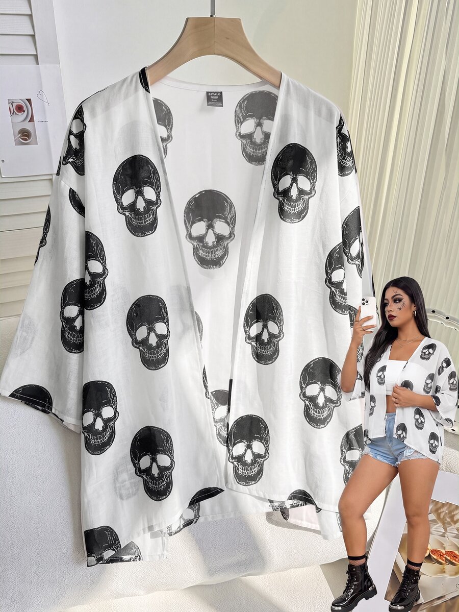 SHEIN EZwear Plus Size Women's Skull Print Short Sleeve Open Front Lightweight Jacket - White - View 1