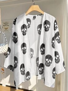 SHEIN EZwear 大尺碼女款骷髏印花短袖開襟輕便夾克 - 白色 - 查看 9
