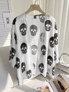 SHEIN EZwear 大尺碼女款骷髏印花短袖開襟輕便夾克 - 白色 - 查看 7