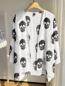 SHEIN EZwear 大尺碼女款骷髏印花短袖開襟輕便夾克 - 白色 - 查看 6