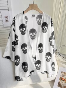 SHEIN EZwear 大尺碼女款骷髏印花短袖開襟輕便夾克 - 白色 - 查看 4