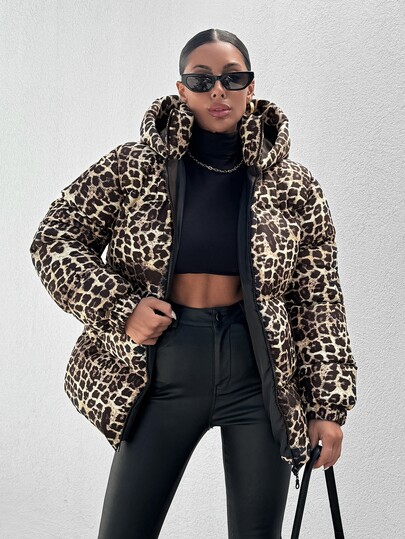 SHEIN Cottnline Palton de iarnă casual tip puffer pentru femei, mărimi mari, stilizat, cu imprimeu leopard, multicolor și uni, cu buzunare