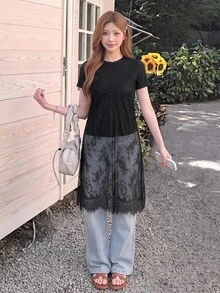 Bijouette Zanying 櫻花夏季大尺碼黑色蕾絲V領長版罩衫背心 A字版型緹花透視下擺 約會之夜 性感優雅 - 黑色 - 查看 10