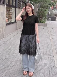 Bijouette Zanying 櫻花夏季大尺碼黑色蕾絲V領長版罩衫背心 A字版型緹花透視下擺 約會之夜 性感優雅 - 黑色 - 查看 11