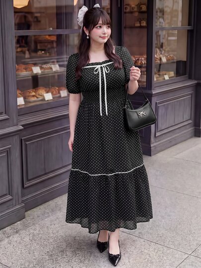 Bijouette Plus Size Women's Fashion Casual Elegant Romantic Daily Vacation Polka Dot Print A-Line Dress