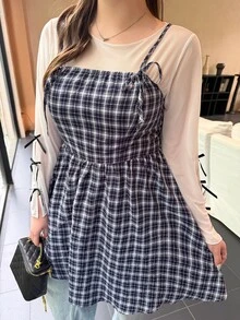 Bijouette Plus Size Women's Camisole Plaid Dress, Bow Decor, Ruffle Hem, Summer Spaghetti Strap Dress - Navy Blue - View 3