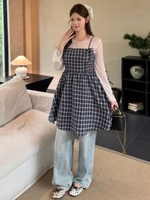 Bijouette Plus Size Women's Camisole Plaid Dress, Bow Decor, Ruffle Hem, Summer Spaghetti Strap Dress - Navy Blue - View 6