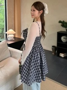 Bijouette Plus Size Women's Camisole Plaid Dress, Bow Decor, Ruffle Hem, Summer Spaghetti Strap Dress - Navy Blue - View 2