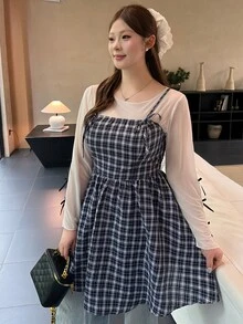 Bijouette Plus Size Women's Camisole Plaid Dress, Bow Decor, Ruffle Hem, Summer Spaghetti Strap Dress - Navy Blue - View 4