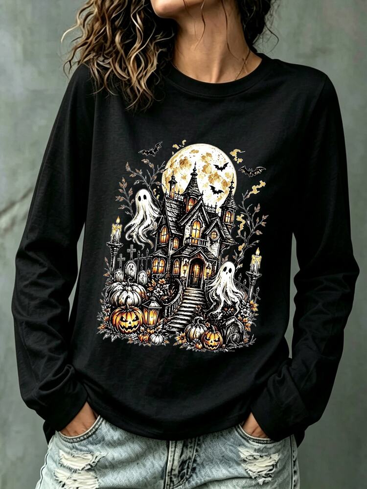 Breezaya Women's Casual Long Sleeve Halloween & Day Of The Dead Series Graphic Print Autumn Style - Black - View 1