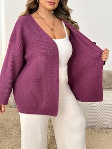 SHEIN CURVE+ كارديجان نسائي مقاس كبير بلون موحد كاجوال متعدد الاستخدامات - الأرجواني - مشاهدة 4