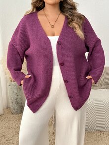 SHEIN CURVE+ كارديجان نسائي مقاس كبير بلون موحد كاجوال متعدد الاستخدامات - الأرجواني - مشاهدة 7