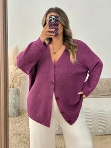 SHEIN CURVE+ كارديجان نسائي مقاس كبير بلون موحد كاجوال متعدد الاستخدامات - الأرجواني - مشاهدة 10