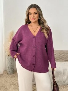 SHEIN CURVE+ كارديجان نسائي مقاس كبير بلون موحد كاجوال متعدد الاستخدامات - الأرجواني - مشاهدة 9