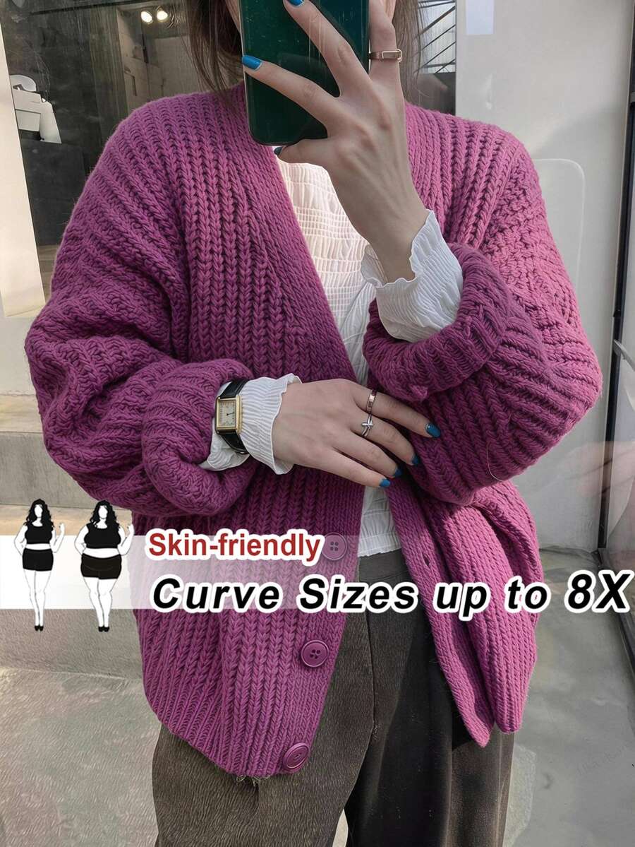 SHEIN CURVE+ كارديجان نسائي مقاس كبير بلون موحد كاجوال متعدد الاستخدامات - الأرجواني - مشاهدة 1