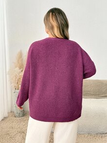 SHEIN CURVE+ كارديجان نسائي مقاس كبير بلون موحد كاجوال متعدد الاستخدامات - الأرجواني - مشاهدة 2