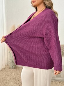SHEIN CURVE+ كارديجان نسائي مقاس كبير بلون موحد كاجوال متعدد الاستخدامات - الأرجواني - مشاهدة 3