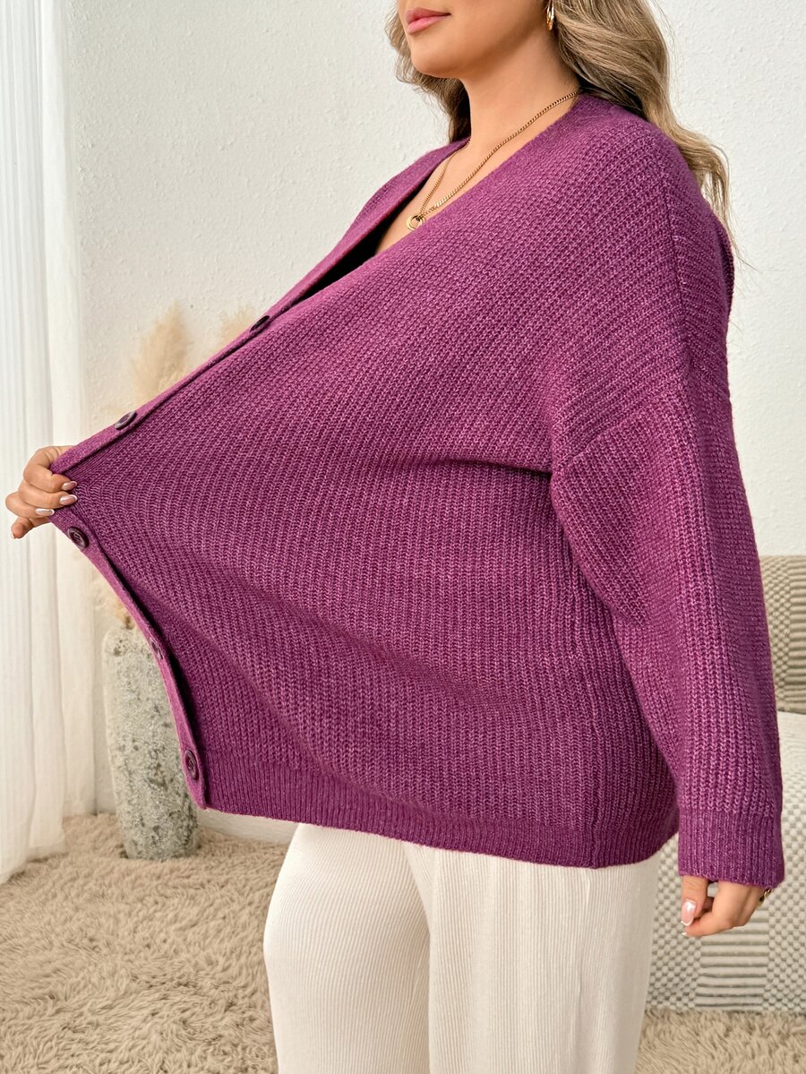 SHEIN CURVE+ Plus Size Women Solid Color Casual Versatile Cardigan Winter - Purple - View 1