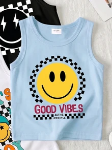 3-Piece Baby Boy Street Style Casual Cowboy Fun Classic Smiling Face Print Vest Top Summer Holiday Vacation Black And White Light Blue White - Multicolor - View 4