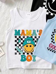 3-Piece Baby Boy Street Style Casual Cowboy Fun Classic Smiling Face Print Vest Top Summer Holiday Vacation Black And White Light Blue White - Multicolor - View 5